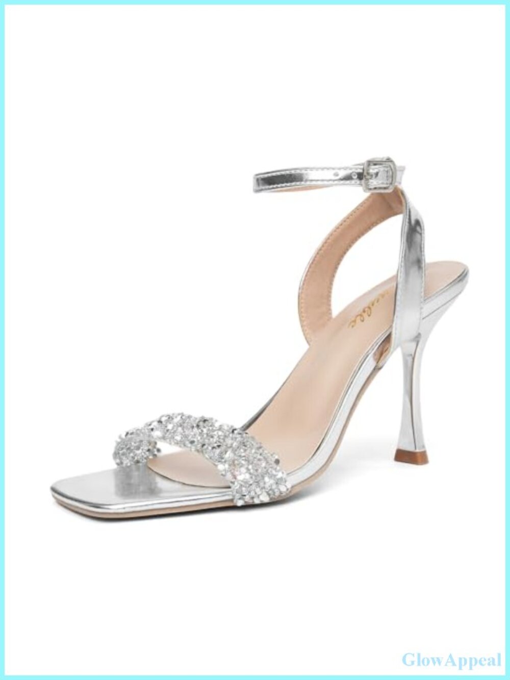 Rhinestone High Heel Sandals Square Open Toe Ankle Strap Stiletto Faux Leather